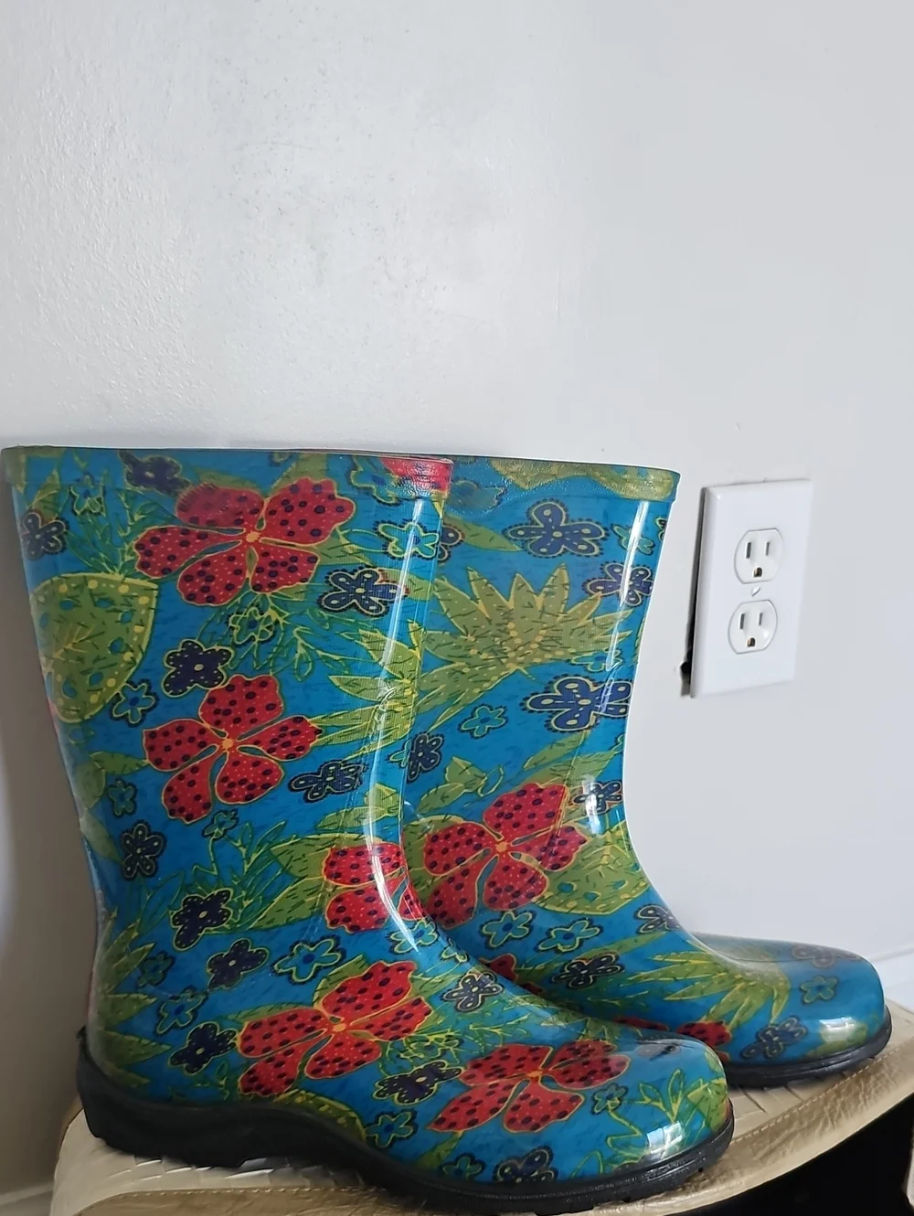 Sloggers Blue Floral Women's Rain Boots with Red Flowers